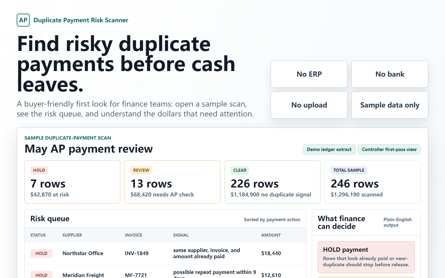 Duplicate Payment Risk Scanner first-view panel showing HOLD, REVIEW, and CLEAR rows for a sample AP payment run.